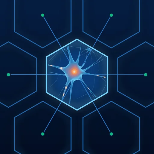 Neuronul din logo-ul BrioLogic într-un hexagon luminos, conectat la șase noduri