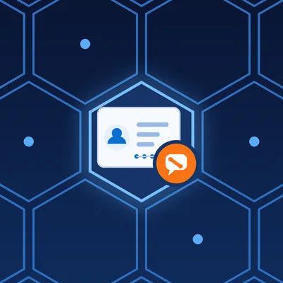 Fișă de client cu avatar, etape de pipeline și o insignă portocalie cu telefon și mesaj, într-o rețea hexagonală